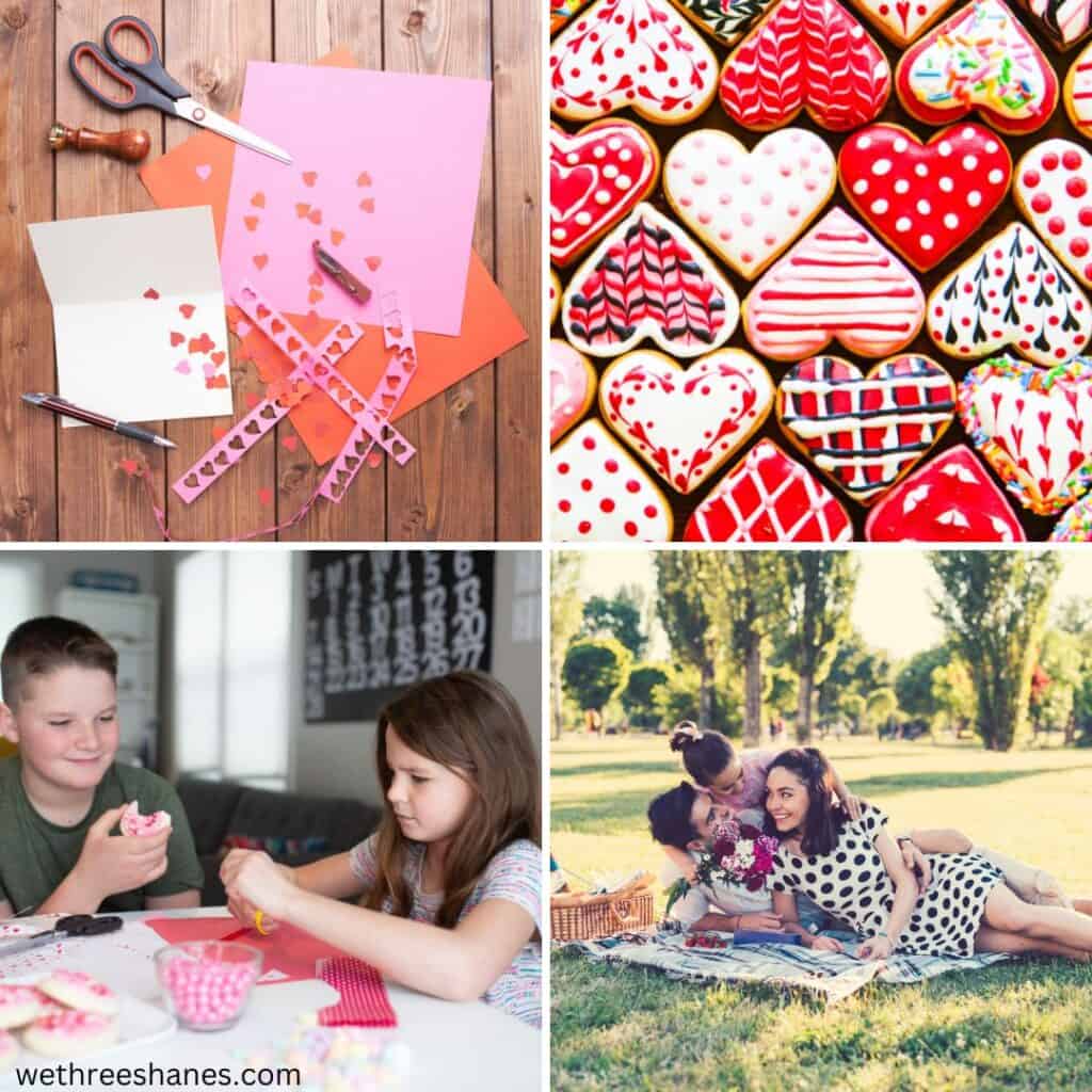 collage photo of 4. top left photo is homemade Valentines cards being made/  Left bottom picture is two kids eating and decorating cookies.  Top right picture is a bunch of homemade valentines day heart shaped cookies. Bottom right picture is a family on a picnic with flowers and a basket of food. | wethreeshanes.com