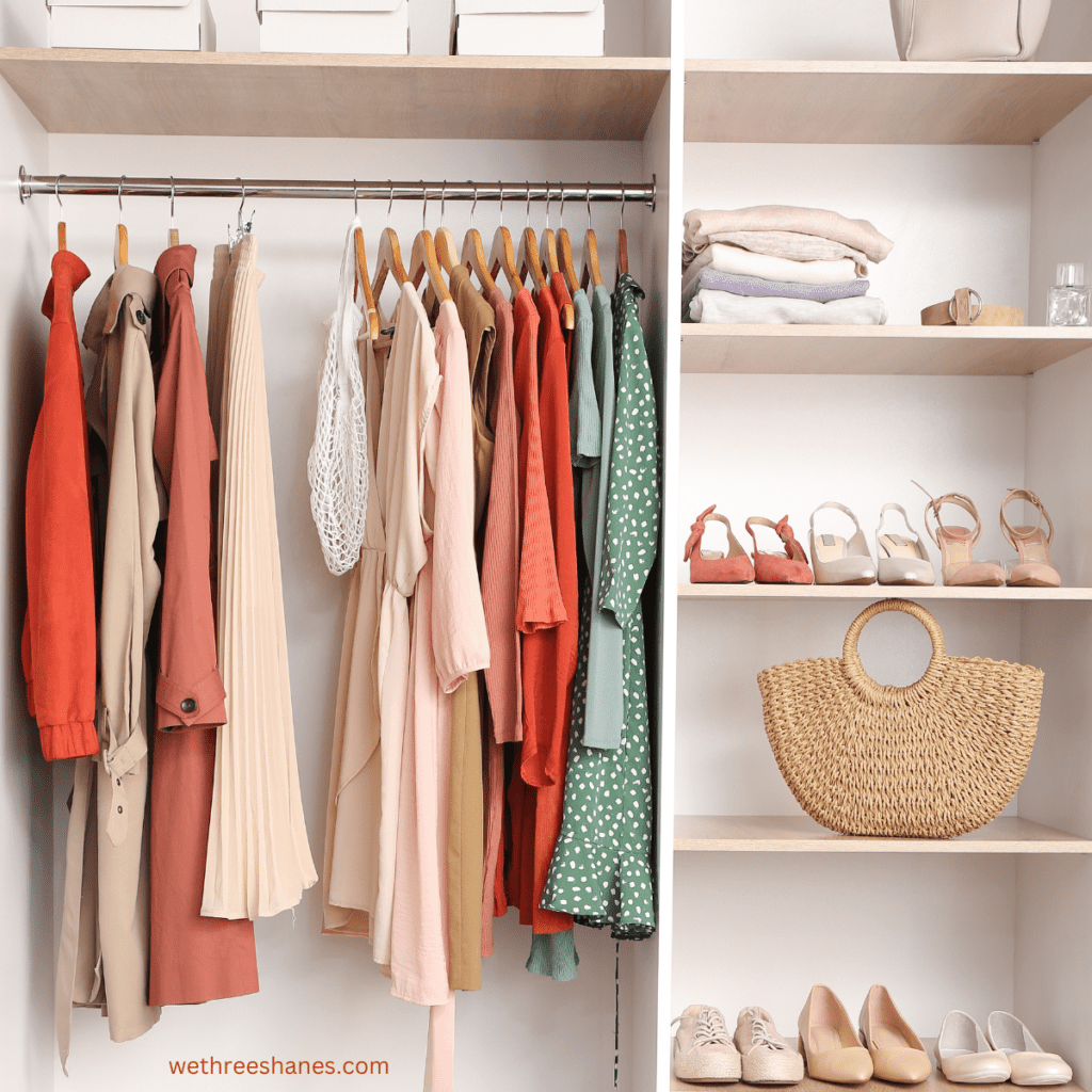 An organized closet with a minimalist wardrobe in similar shades of tan, orange, and green.