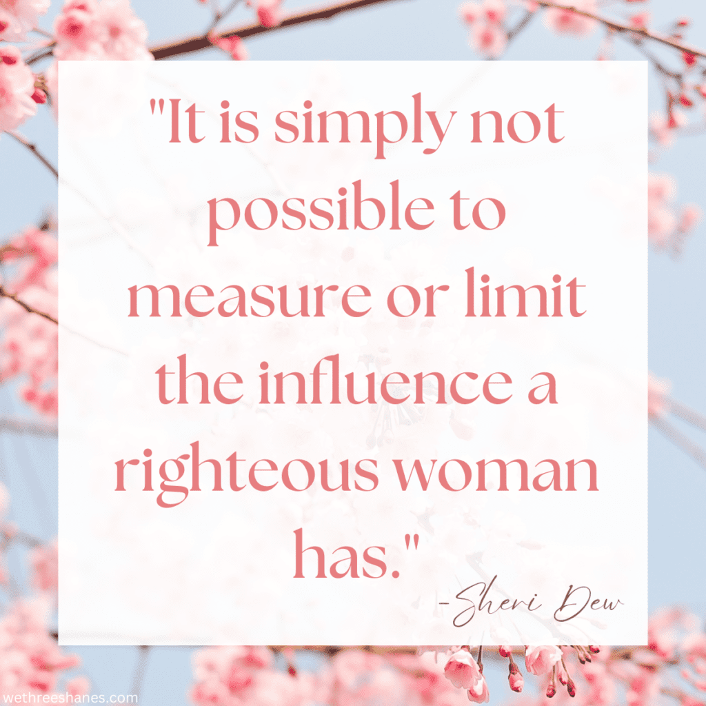 Quote about the influence of righteous women on a background of pink cherry blossoms.