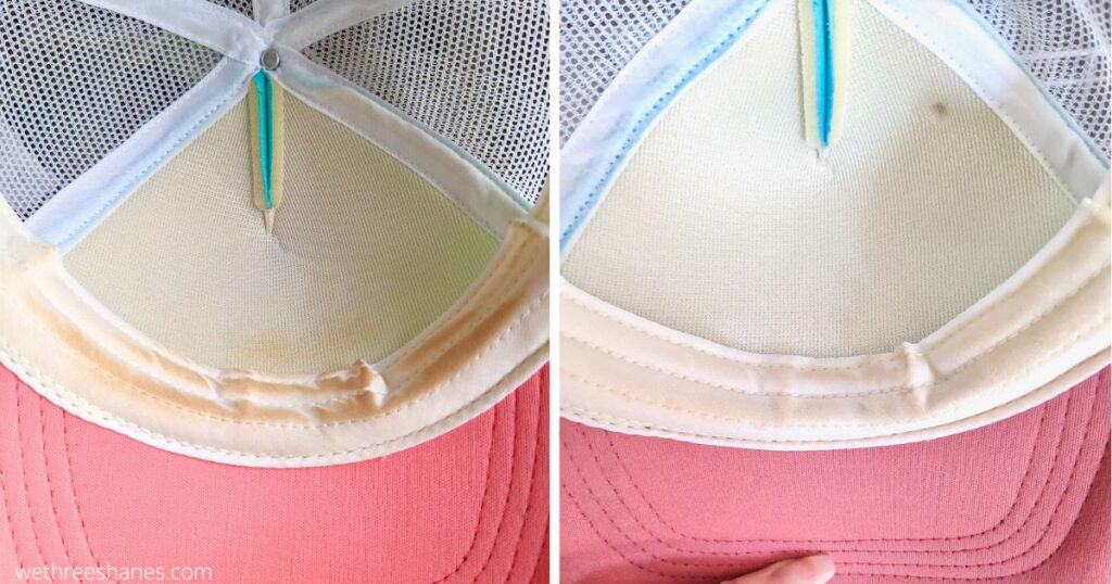 Before and after of a hat being washed in the dishwasher.