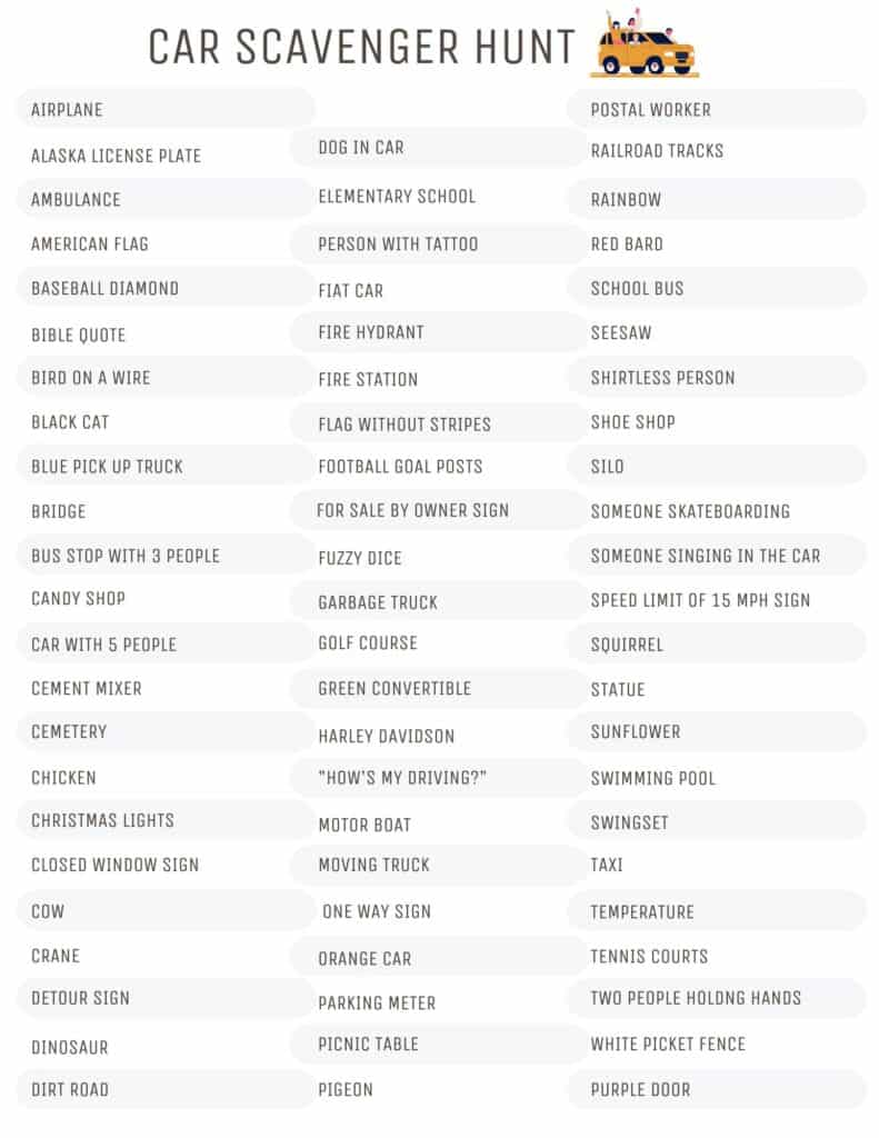 Car scavenger hunt for teens and adults. Can use on a road trip or around town for some fun competition. Free Printable/instant download.