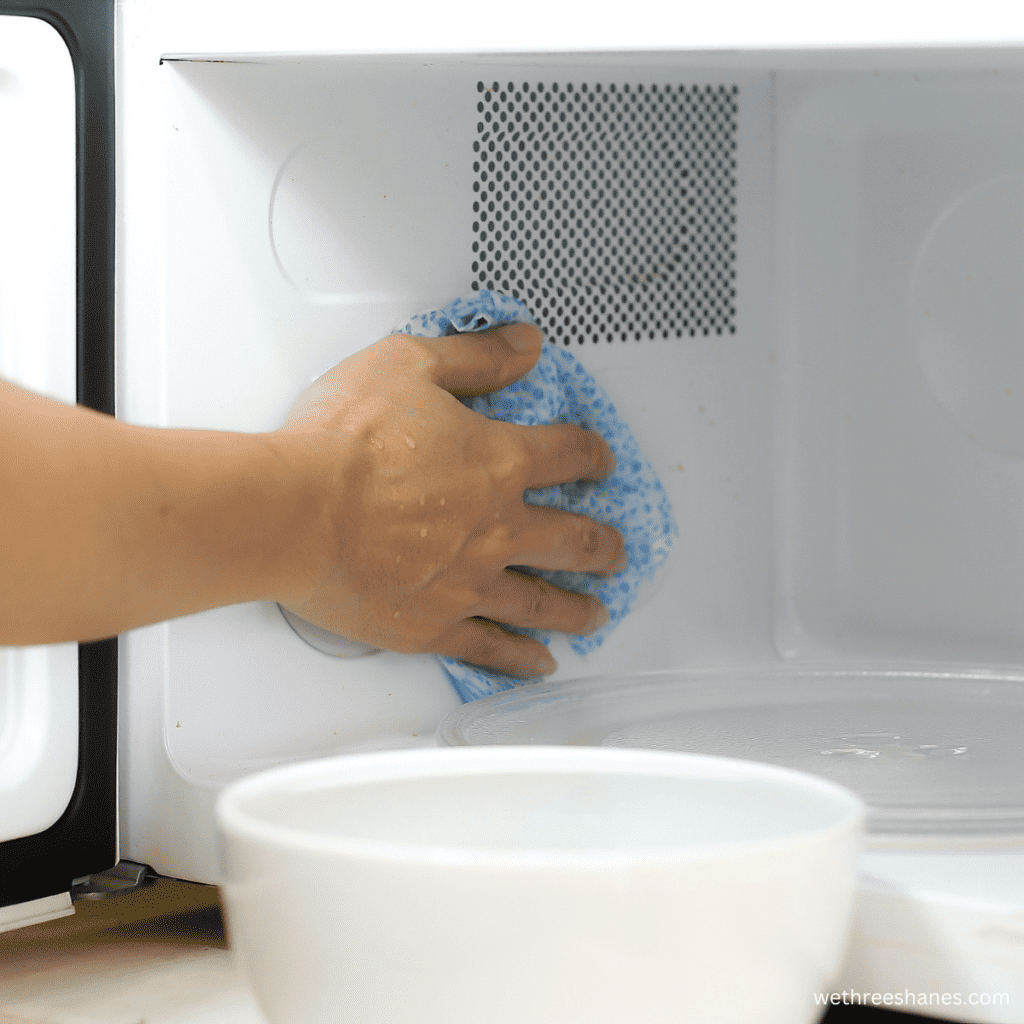 Cleaning a microwave with a mixture of water and vinegar, and steam.