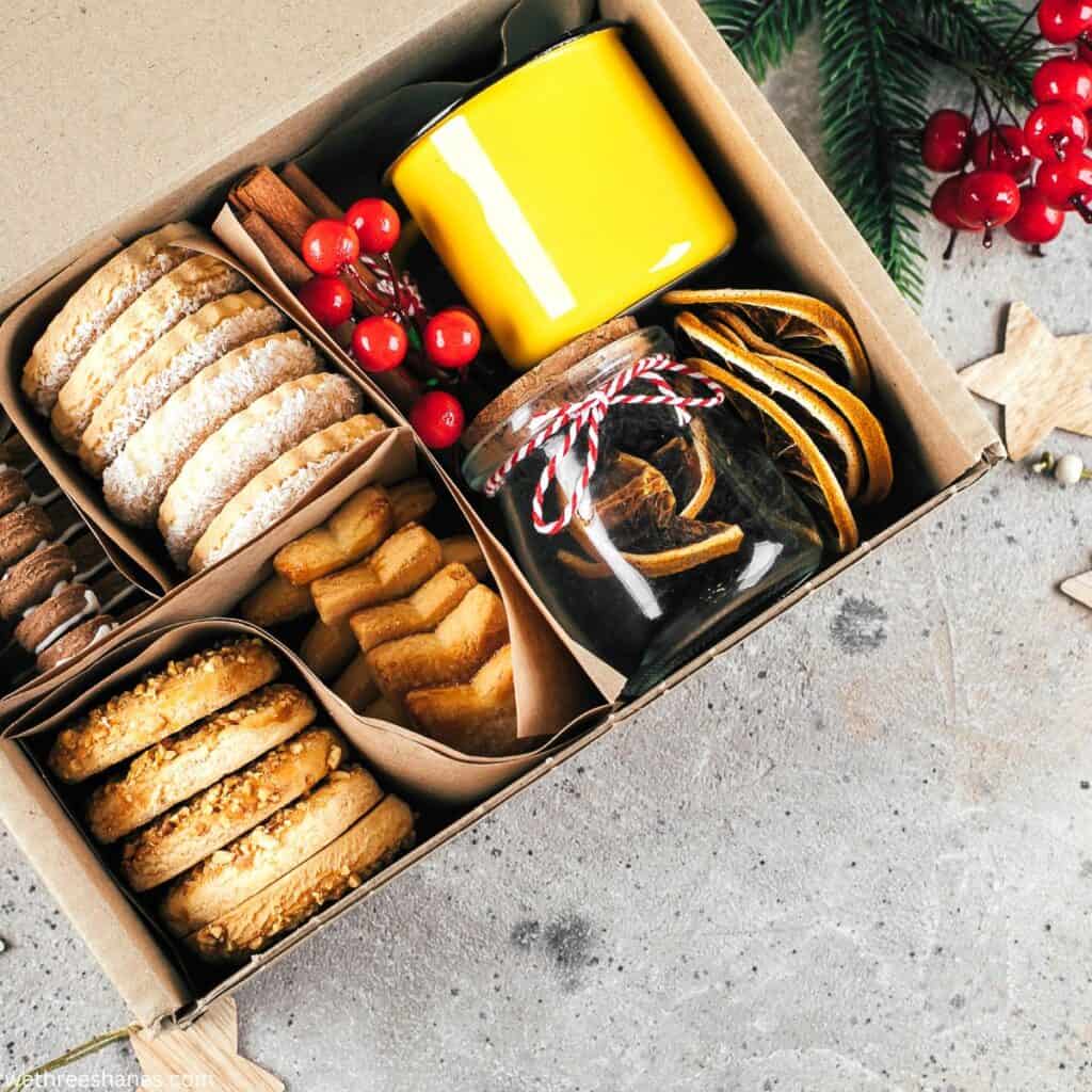 Christmas treats packed in a box ready to be delivered to friends and neighbors.