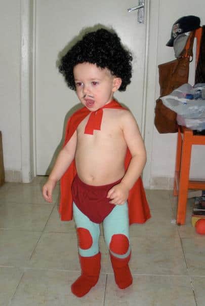 Nacho Libre toddler Halloween costume from thrift store items.