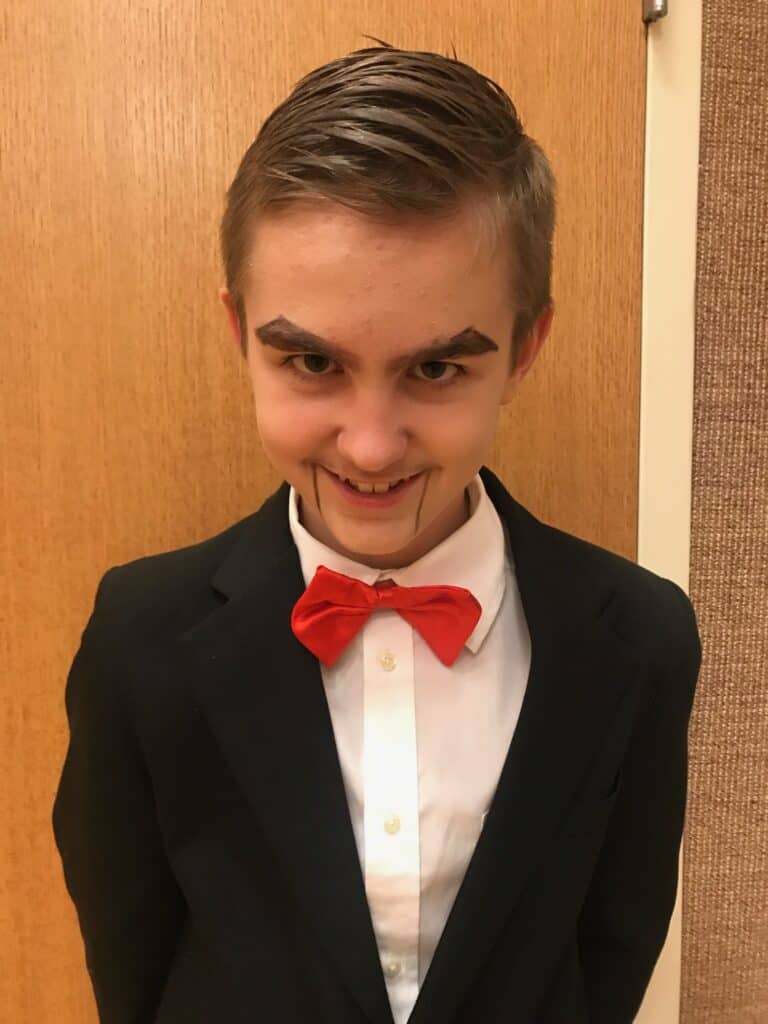 Tween boy as Slappy from Goosbumps for Halloween.