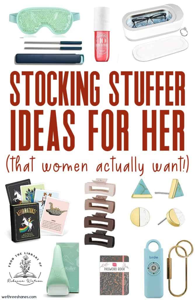 Pinterest pin that shows some stocking gift ideas for women from the list below.