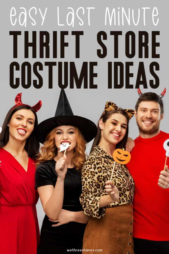 Pinterst pin image. Adults in easy costumes- a devil, witch, cat, and another devil.