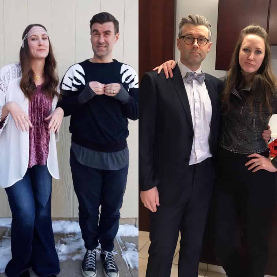 Thrifted Halloween costumes ideas. Alexis and David Rose from Schitt's creek and the same couple dressed as Michael and Janet from The Good Place on the left.