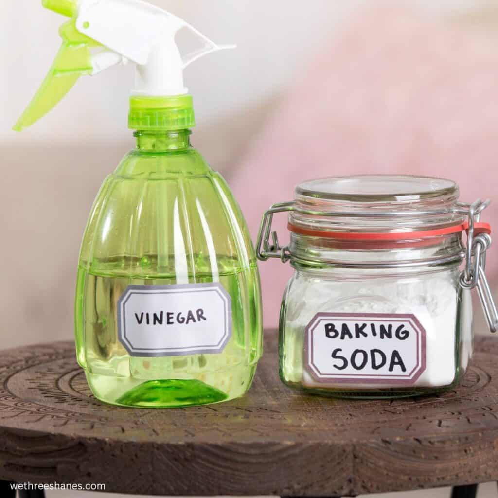 Vinegar and Baking soda in separate glass jars sitting on a wood table