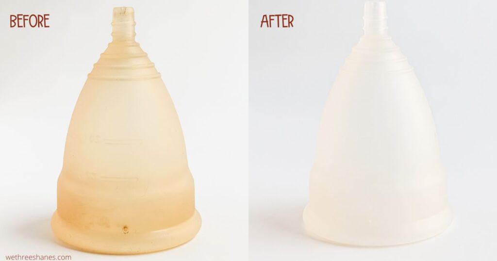 before of a stained menstrual cup and after once stains are gone
