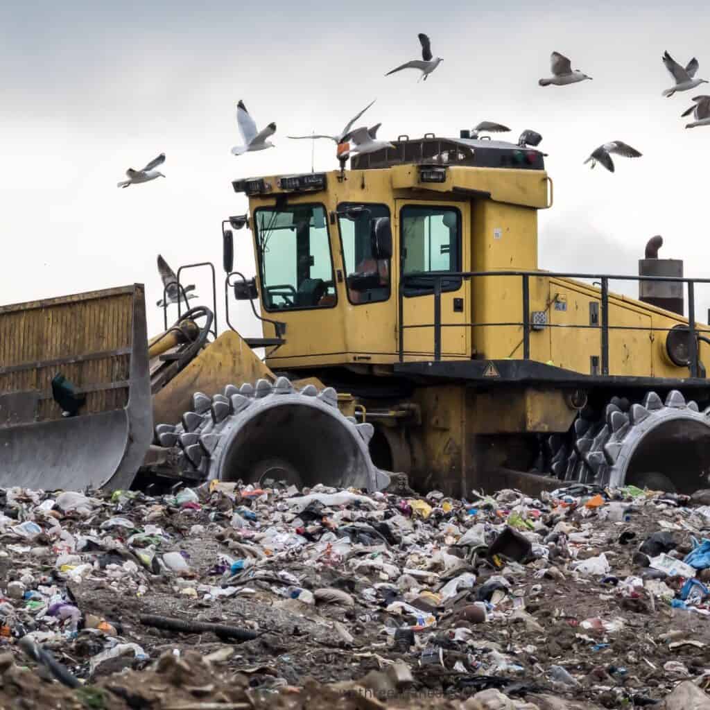 Picture of a landfill and a tractor pushing trash around.
