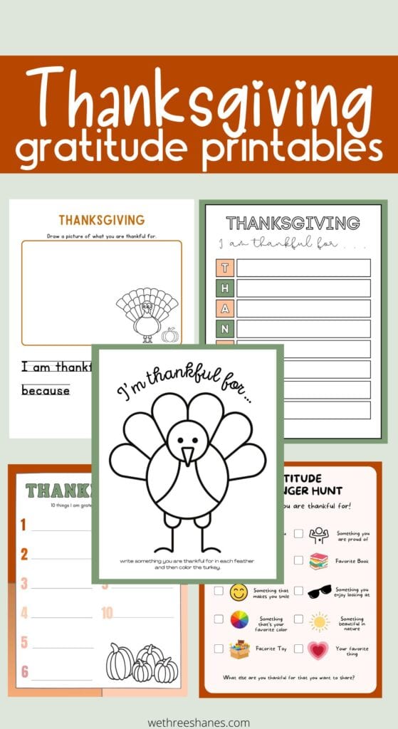 A photo of 5 different Thanksgiving gratitude free printables for kids and families to do this Thanksgiving.