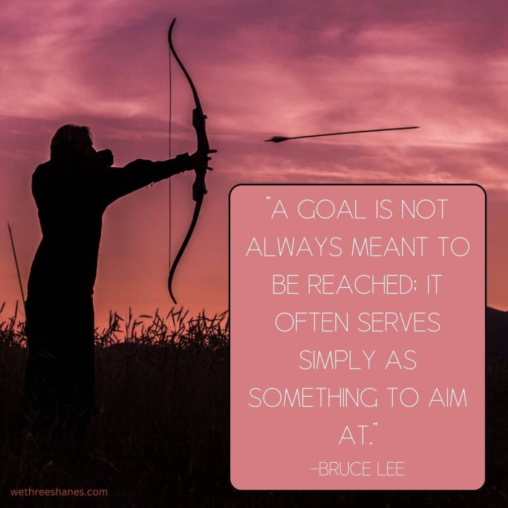 A girl shooting an arrow through the sky with inspirational quote about goals.